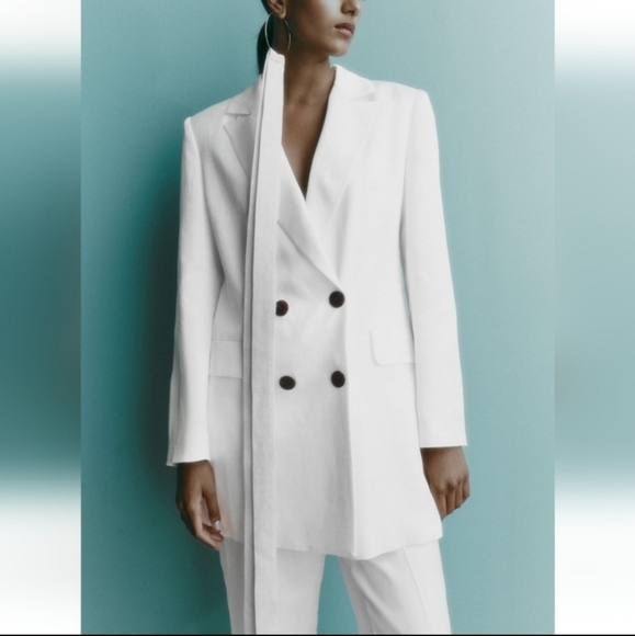 Zara Satin effect White long blazer - Picture 3 of 6